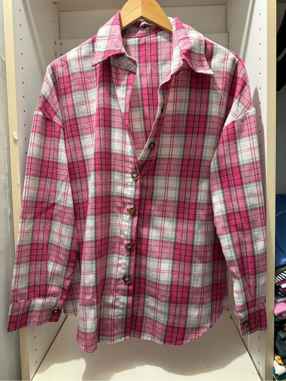 Women’s Pink Plaid Button-Down Shirt